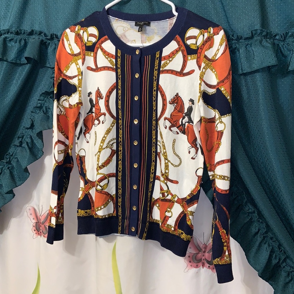 Talbots Navy White Orange Equestrian Print Cardigan